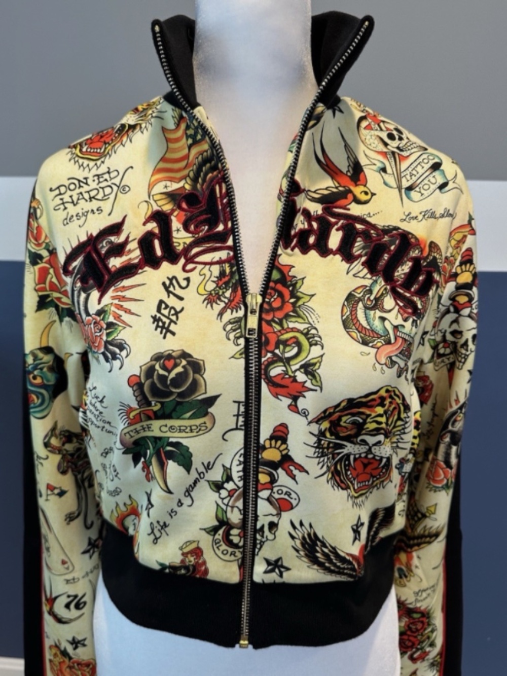 NEW! NWT ED HARDY Y2K Shrunken Flashboard Track Jacket Tattoo Yellow SIZE SMALL